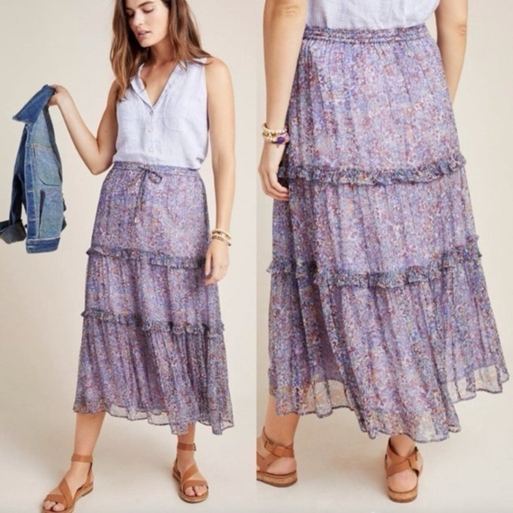 Anthropologie Dresses & Skirts - Anthropologie Floral Tiered Midi Skirt Size 8 Purple Lavender Fall Boho Chic